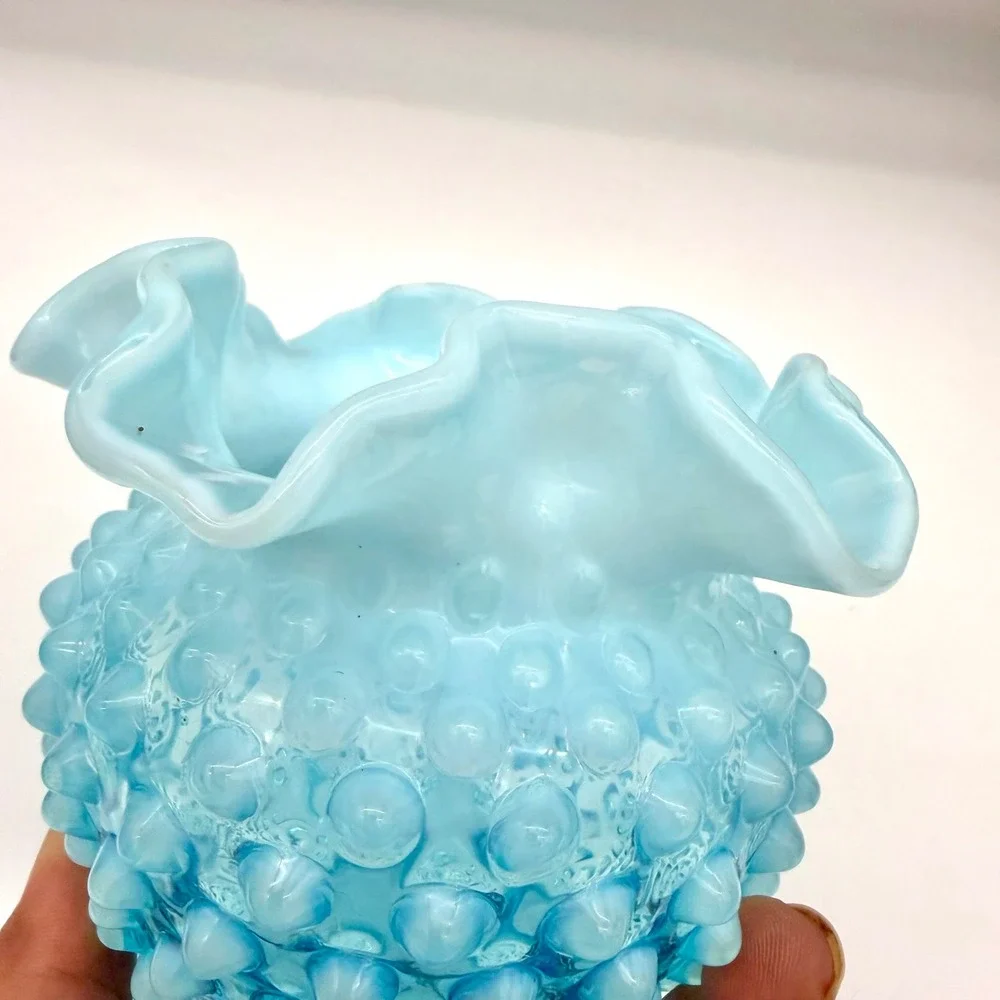 Fenton Home Vase 4.5in Glass Mid-Century Blue Opalescent Hobnail Ruffled